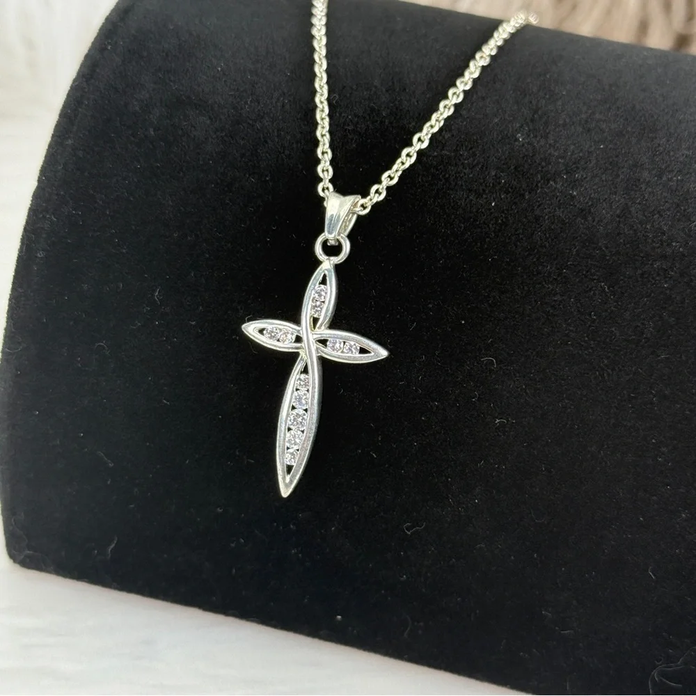 Beautiful silvertone, clear bling CZ others cross pendant costume necklace